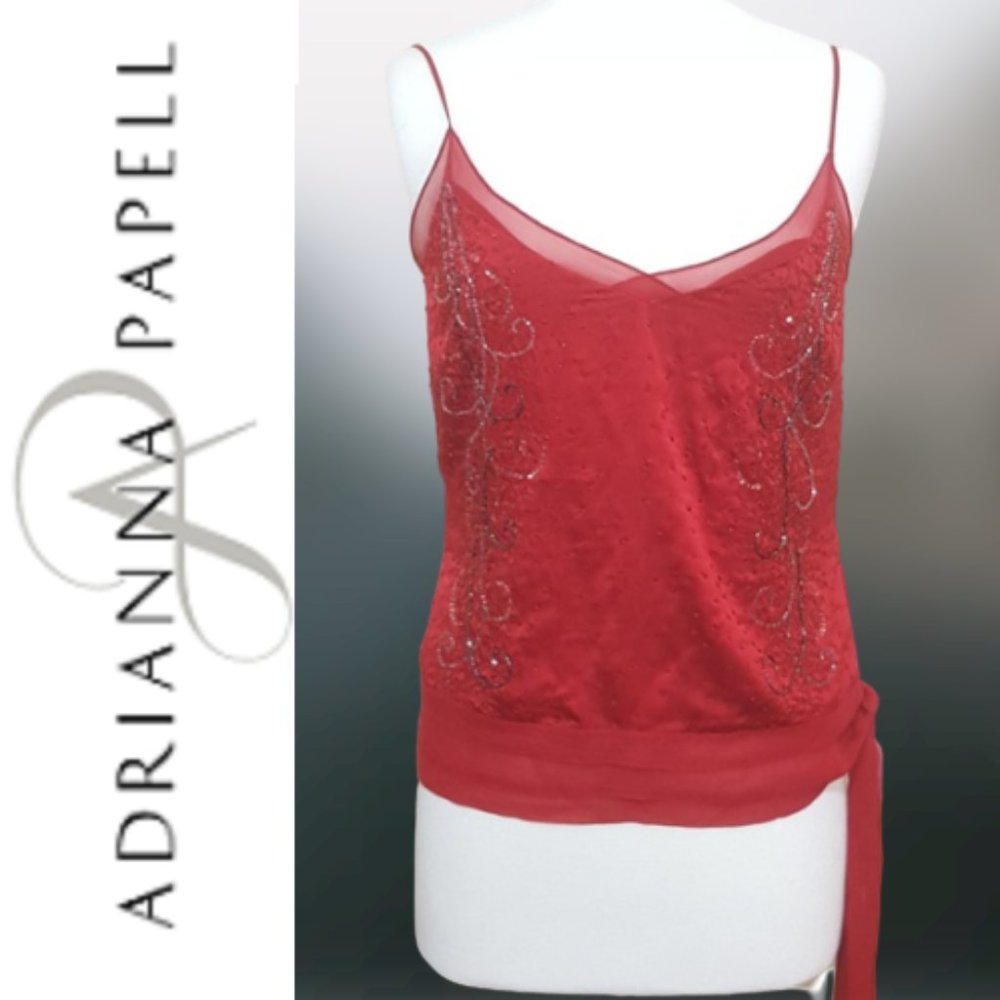 ADRIANNA PAPELL "Great Gatsby" Beaded Silk Top in Fire Engine Red